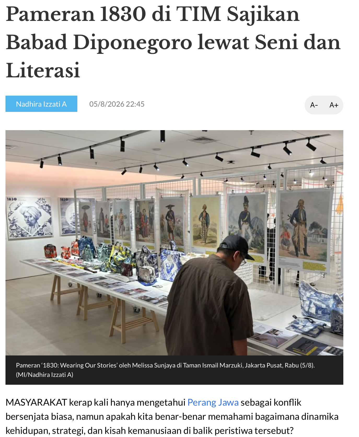 Media Indonesia: "Pameran 1830 di TIM Sajikan Babad Diponegoro lewat Seni dan Literasi"