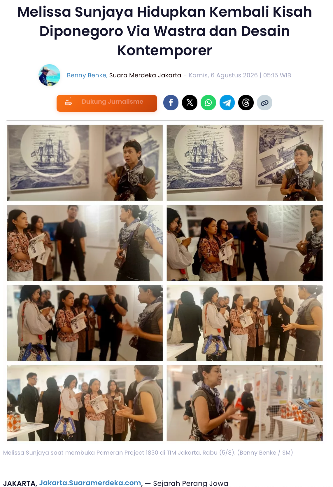 Suara Merdeka: "Melissa Sunjaya Hidupkan Kembali Kisah Diponegoro Via Wastra dan Desain Kontemporer"