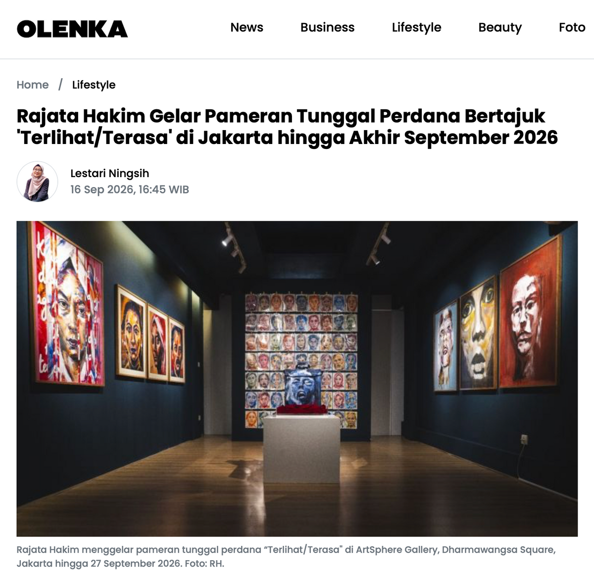 Olenka: "Rajata Hakim Gelar Pameran Tunggal Perdana Bertajuk 'Terlihat/Terasa' di Jakarta hingga Akhir September 2026"