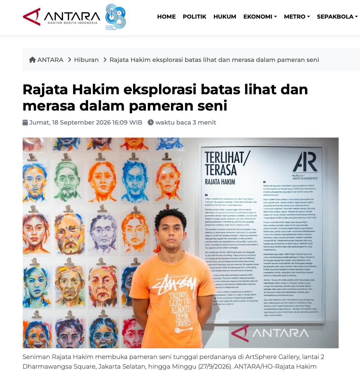 ANTARA News: "Rajata Hakim eksplorasi batas lihat dan merasa dalam pameran seni"