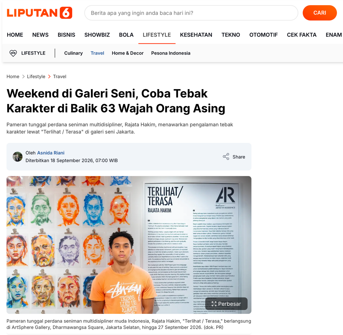 Liputan6: "Weekend di Galeri Seni, Coba Tebak Karakter di Balik 63 Wajah Orang Asing"