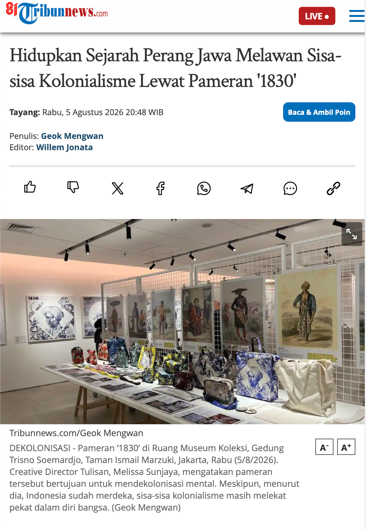 Tribunnews: "Hidupkan Sejarah Perang Jawa Melawan Sisa-sisa Kolonialisme Lewat Pameran '1830'"