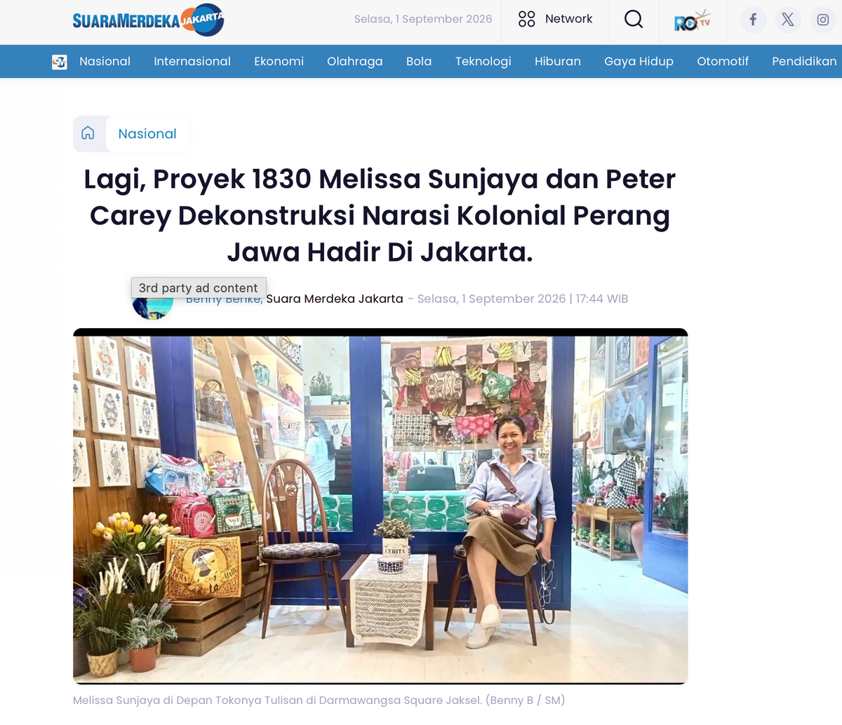 Suara Merdeka: "Lagi, Proyek 1830 Melissa Sunjaya dan Peter Carey Dekonstruksi Narasi Kolonial Perang Jawa Hadir Di Jakarta"