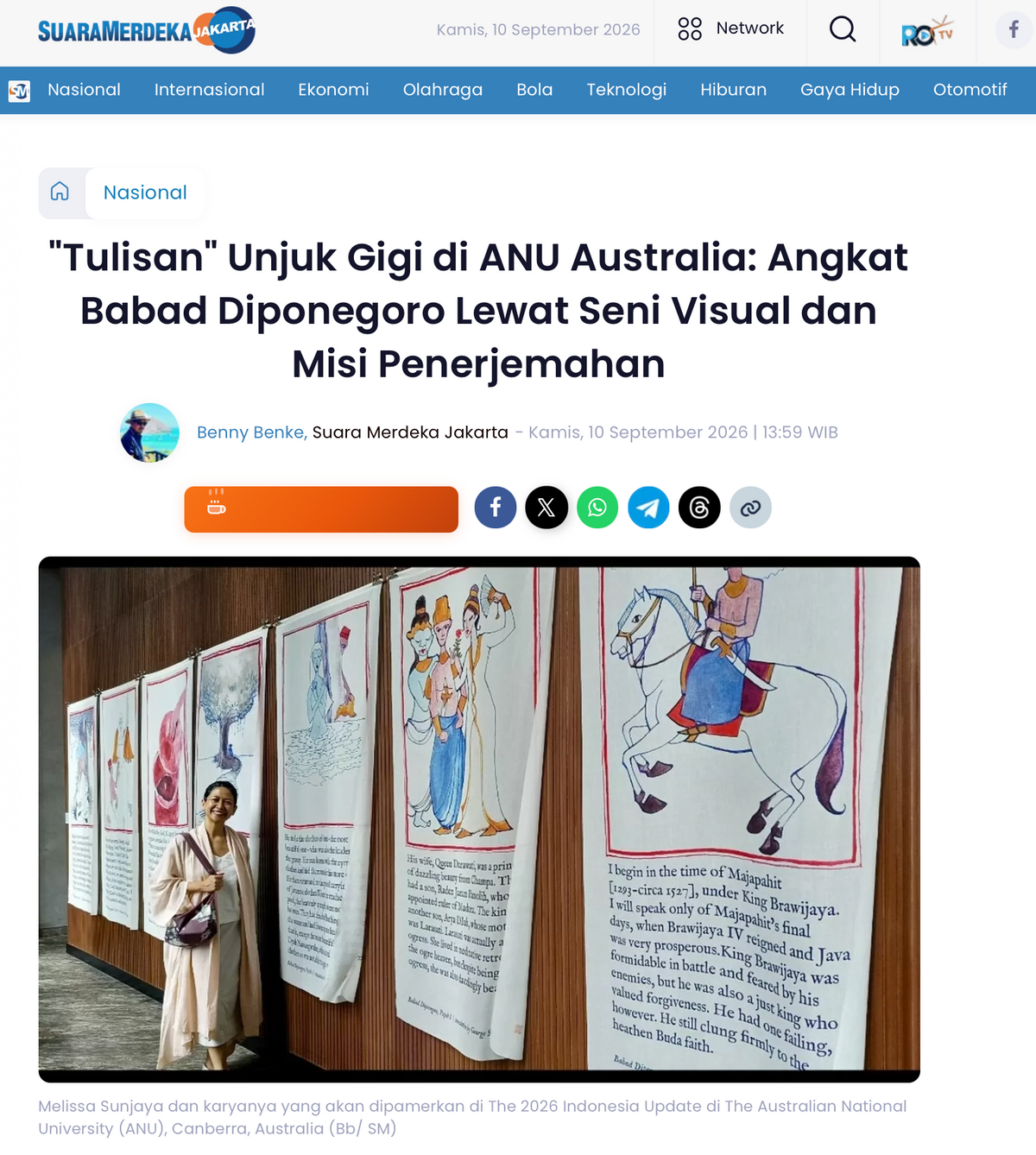 Suara Merdeka: "Tulisan" Unjuk Gigi di ANU Australia: Angkat Babad Diponegoro Lewat Seni Visual dan Misi Penerjemahan"
